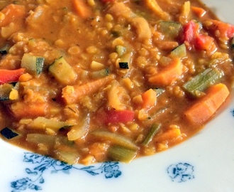 Krydret Suppe med linser og grøntsager.
