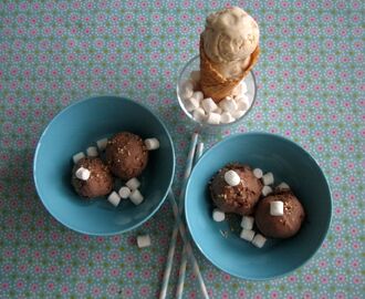 Jäätelö: hasselpähkinä-suklaa ja kinuski-suolapähkinä