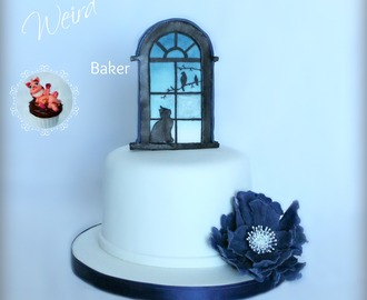 Bursdagskake til Randi<3 / Cake with fantasy flower and a cat in a window