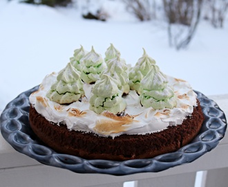 Sjokoladekake med marengs-snø og -juletrær