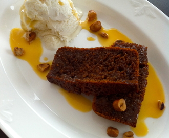 Sticky toffee pudding with butterscotch sauce and vanilla icecream.