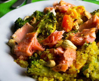 Påsklunch: Gyllengul quinoasallad med sesamchiliwokad broccoli, clementiner, rostade cashewnötter och ugnsbakad lax