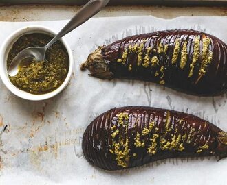 Hasselback Eggplant Stuffed with Pesto