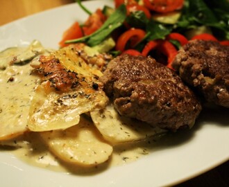 Gratäng på potatis, kålrot och zucchini med smak av senap och timjan