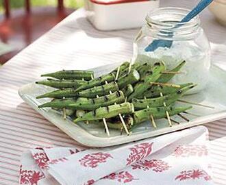 Peppery Grilled Okra With Lemon-Basil Dipping Sauce