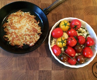 Lamm med rosmarin, citron & vitlök balsamicosky, rösti & timjanbakade tomater.