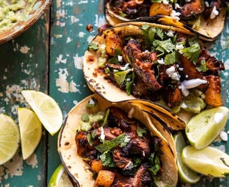 Mushroom Al Pastor Tacos with Garlic Lime Special Sauce.