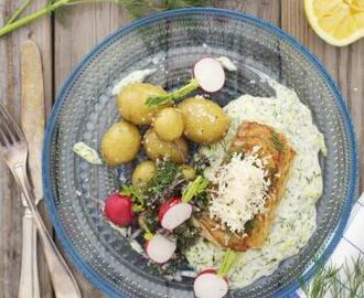 Smörstekt torskrygg med citron- och dillstuvad purjolök och färskpotatis