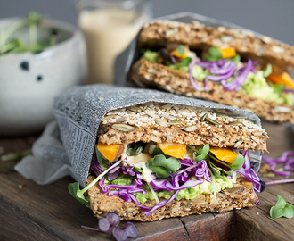 Five seeds flatbread with avocado, sweet potato and smokey tahini dressing  (gluten free, vegan, paleo)