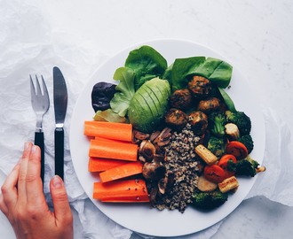 Vegan Lunch Plate with Falafel, Tricolore Quinoa & Avocado.