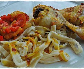 Het saffranskyckling, ratatouille och hemgjord pasta