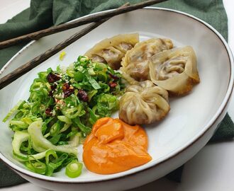 Vegetariska dumplings  – med två dippsåser och grön sallad