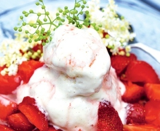Flädermarienerade jordgubbar med vaniljglass