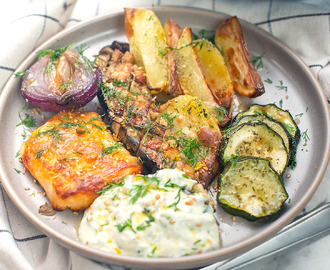 Rostade grönsaker med stekost och tzatziki