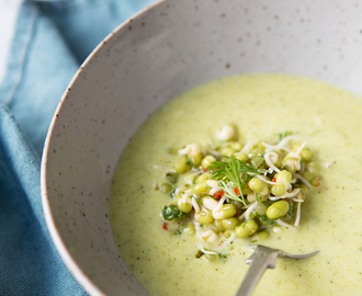 Creamy curried broccoli soup with Coriander marinated mung bean sprouts