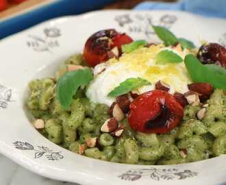 Macaronetti med pesto, ugnsrostade tomater och burrata