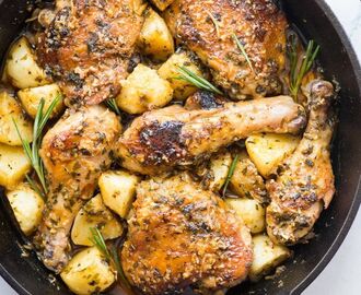 Baked chicken and potatoes in a butter garlic herb sauce, crispy garlic parmesan cr… in 2020 | Baked chicken and potato recipe, Baked chicken, Baked garlic parmesan chicken
