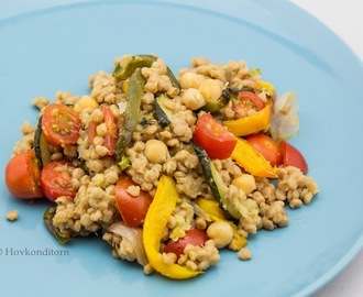 Pearl Couscous with oven roasted vegetables and chickpeas