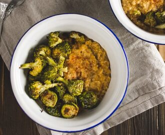 Savory oatmeal with roasted brussels sprouts and broccoli