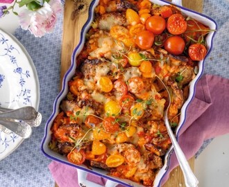 Pastagratäng med fläskfilé och mango chutney.