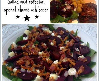 Sallad med rödbetor, spenat, chevré och bacon