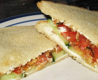 Vegetarisk picknickmacka med gurka, tomat och lök