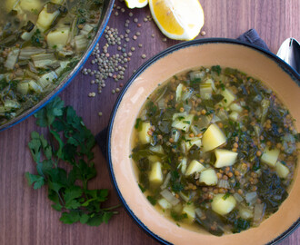 Libanesisk mangoldsoppa med gröna linser- Vegansoppa