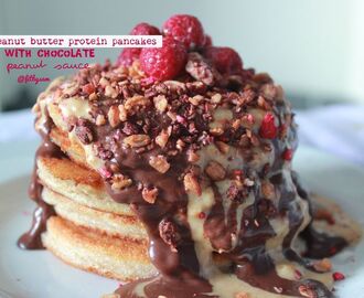 Protein pancakes with chocolate and peanut sauce drizzle