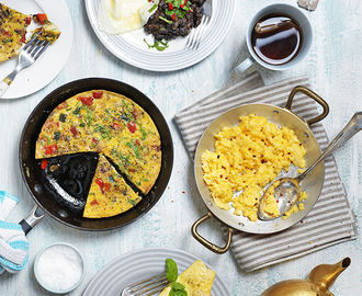 3 äggrätter (utan mjölkprotein) krämiga scrambled eggs, omelett och fritatta