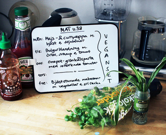 vegansk veckomatsedel #76: majs- & currysoppa, bulgurgryta med örter & svamp, vegansk one pot-grönkålspasta & bjäststuvade makaroner.