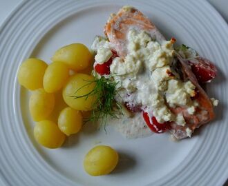 Tillbaka i köket - Lax med fetaost på en bädd av fänkål, zucchini och tomat