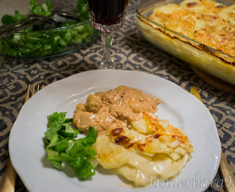 Fläskfilégryta med dijon, syltlök och till detta krämig potatisgratäng!