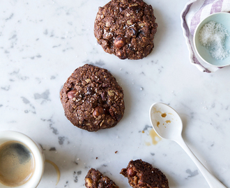 Wholemeal chocolate & hazelnut cookies with cocoa nibs and fleur de sel