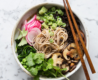 A Super Simple Miso Noodle Bowl with Arame, Stir Fried Mushrooms and Spinach