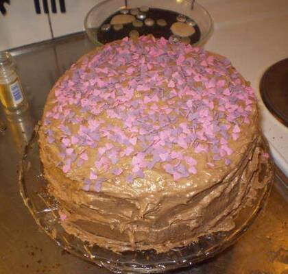 Chocolate layer cake with milk chocolate frosting