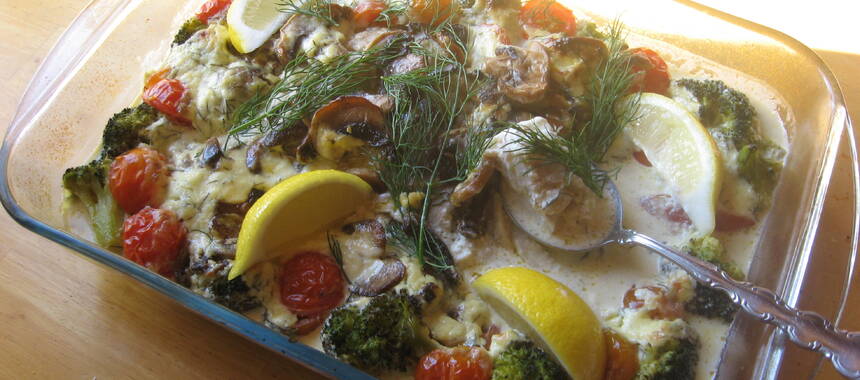 Fiskgratäng med broccoli och svamp