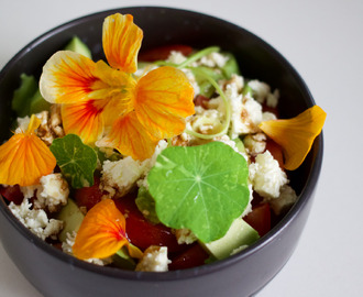 Hurtig tomatsalat med blomsterkarse