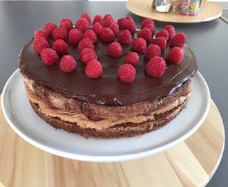 Chokoladekage med nougatskum og friske hindbær
