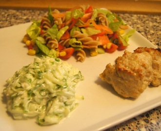 Ovnstegte kyllingefrikadeller m. fuldkornspastasalat og tzatziki