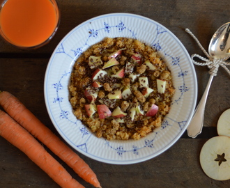 Quinoa and carrot porridge with apples, mulberries, roasted linseeds and ginger syrup