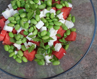 Vandmelonsalat med edamamebønner, feta og mynte