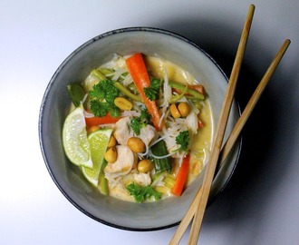 Spicy thaisuppe med kylling, nudler og friske grøntsager