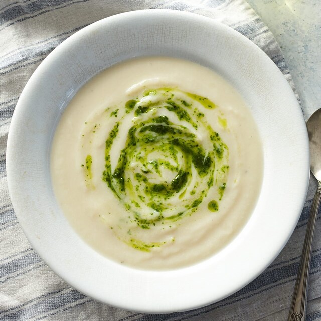 Roasted Vegan Cauliflower Soup with Parsley-Chive Swirl Recipe