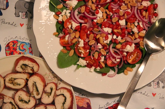 Peanut, Feta & Pomegranate Salad with Pesto Chicken