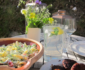 Sommerdag og Sommergrillmad: pastasalat og marinerede hakkebøffer