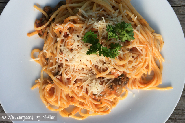 Pasta med svampe og tomatsovs