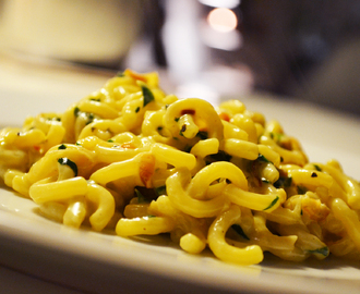 Mac ‘n’ Cheese på italiensk: Gramigna med karamelliserede løg, spinat og gorgonzola