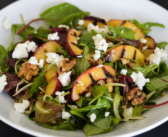 Grilled Peach Salad with Caramelized Hazelnuts and Feta Cheese
