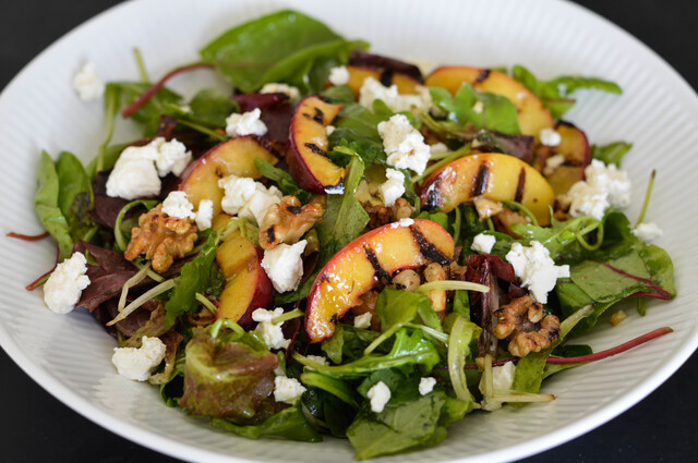 Grilled Peach Salad with Caramelized Hazelnuts and Feta Cheese