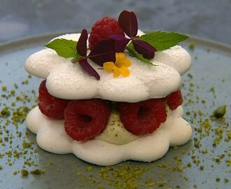 Pavlova m. limecreme, hindbær & skovsyre